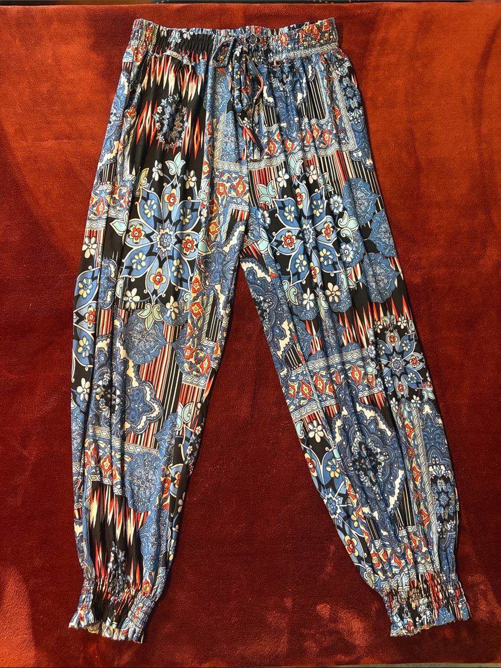 Source Unknown Blue Black Floral Print Harem Pants
